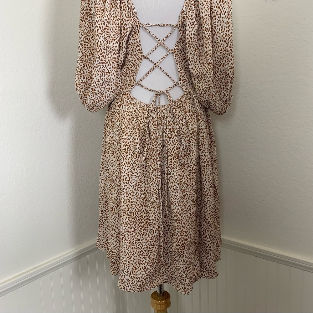 By Together Animal Print Baby Doll Mini Sun Dress Lace Up Back Sz L - Picture 6 of 17